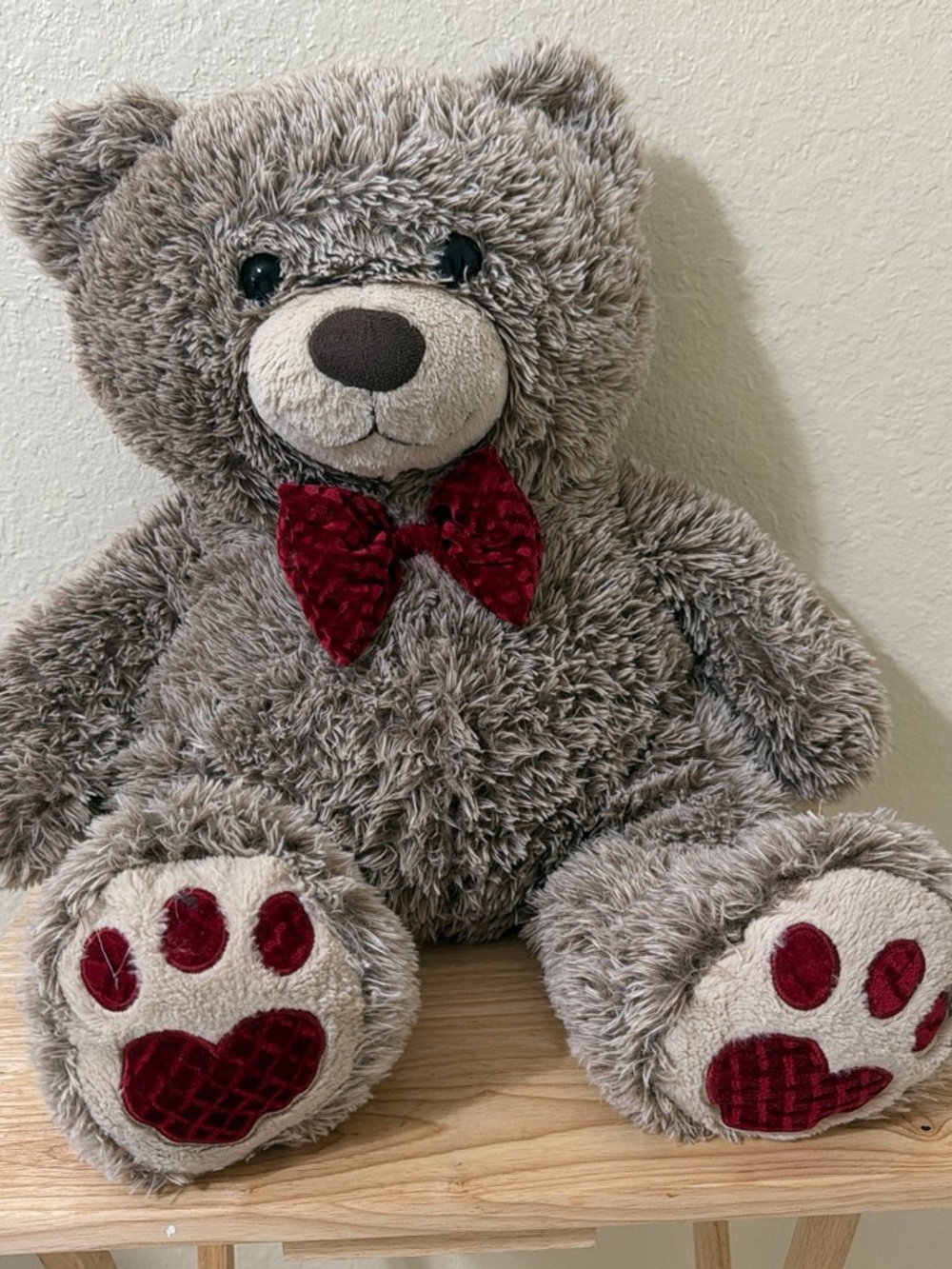 BearPaw Plush Gray Teddy Bear with Red Bow and Paw Accents